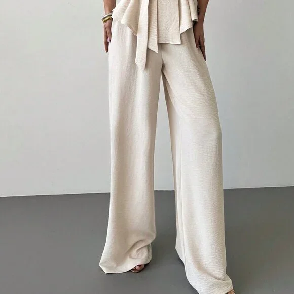 Apricot Elegant Women's Surplice Sleeveless Belted Blouse & Wide leg Pant Set - Picture 7 of 7